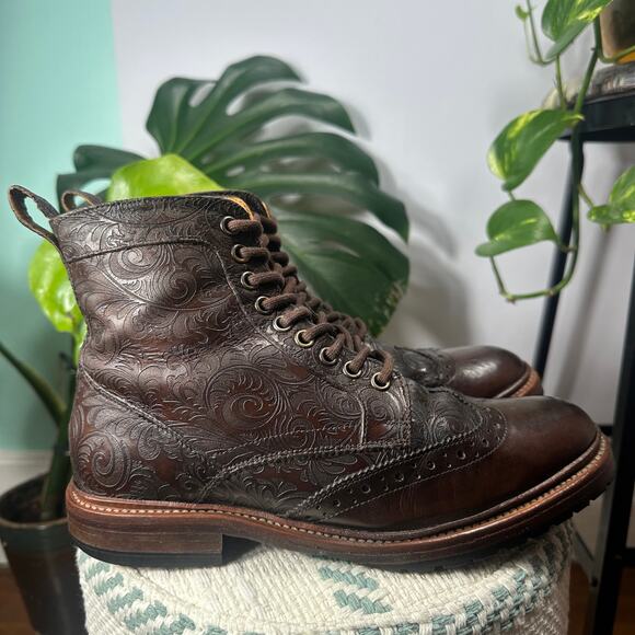 VTG Stacy Adams Tooled Leather Brogue Boots Men 7D Wmn 8.5 Paisley Floral 90s - Picture 3 of 15